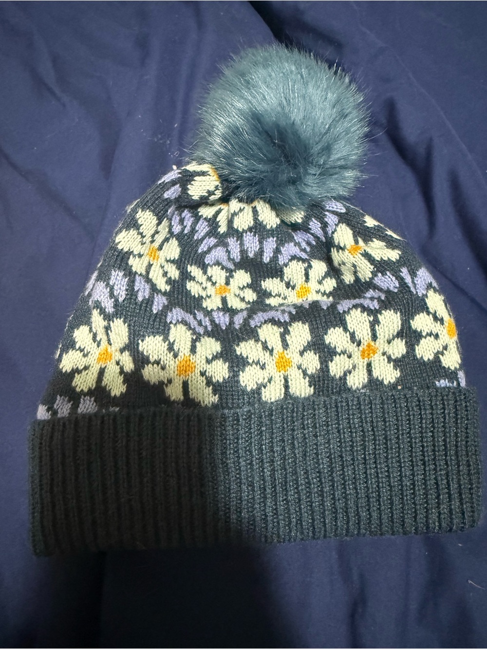 Vera Bradley Dark Green Floral Pom Beanie with Cream & Yellow Flowers